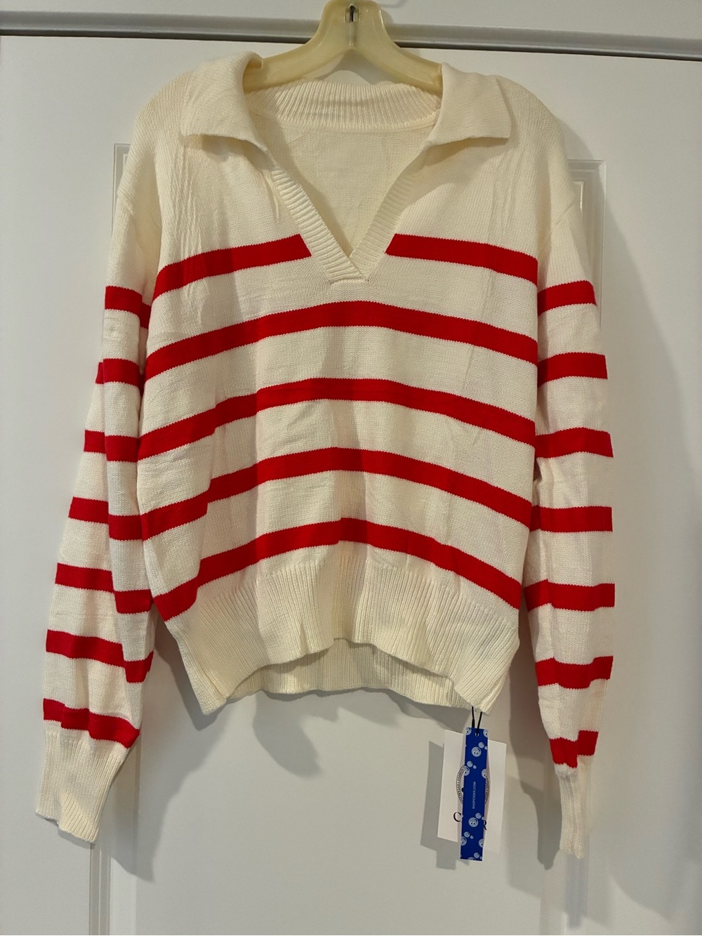 NWT Cider Cream and Red Striped V-Neck Pullover